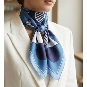 ⭐Geometric Square Scarf Blue Silky Neck Wrap Retro Abstract Accessory Hijab New